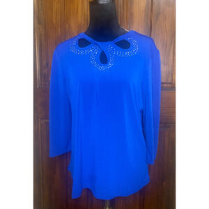 NY Collection Royal Blue Womans Blouse With Peep Hole Feature and Bling, Sz PXL